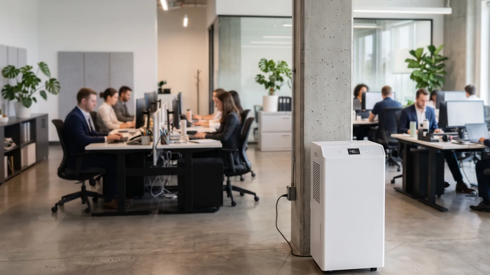 White floor-standing commercial dehumidifier in a modern open-plan office