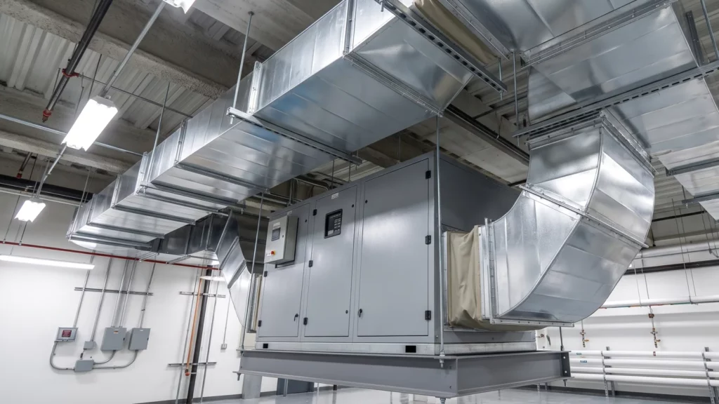 Large ducted commercial dehumidifier connected to metal ductwork in a plant room