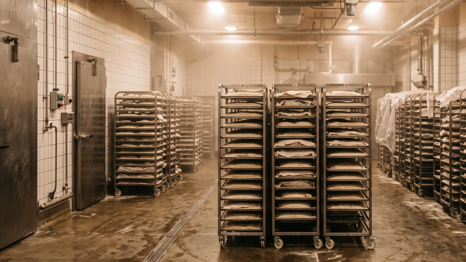 Commercial bakery proving room with racks of dough trays in a humid atmosphere
