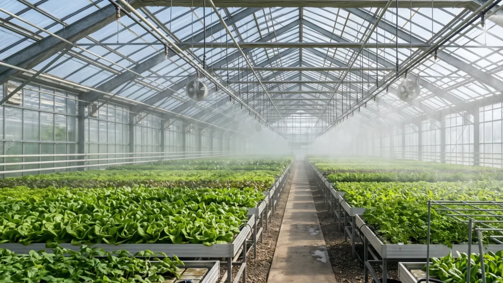 Interior of a large commercial greenhouse with humidity mist over rows of plants