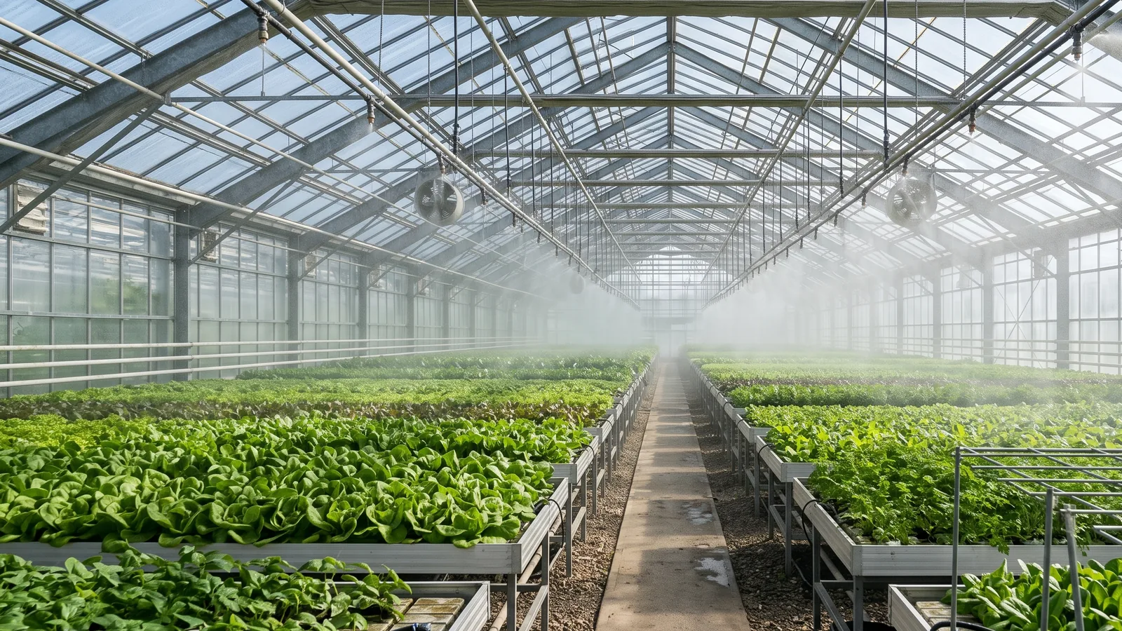 Interior of a large commercial greenhouse with humidity mist over rows of plants