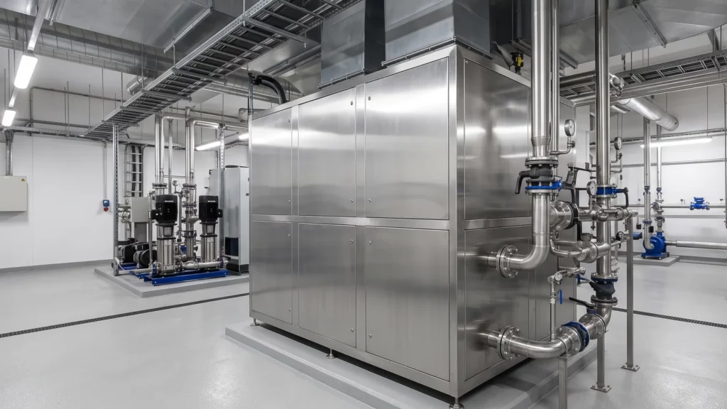 Large stainless steel industrial humidifier unit with pipework in a commercial plant room