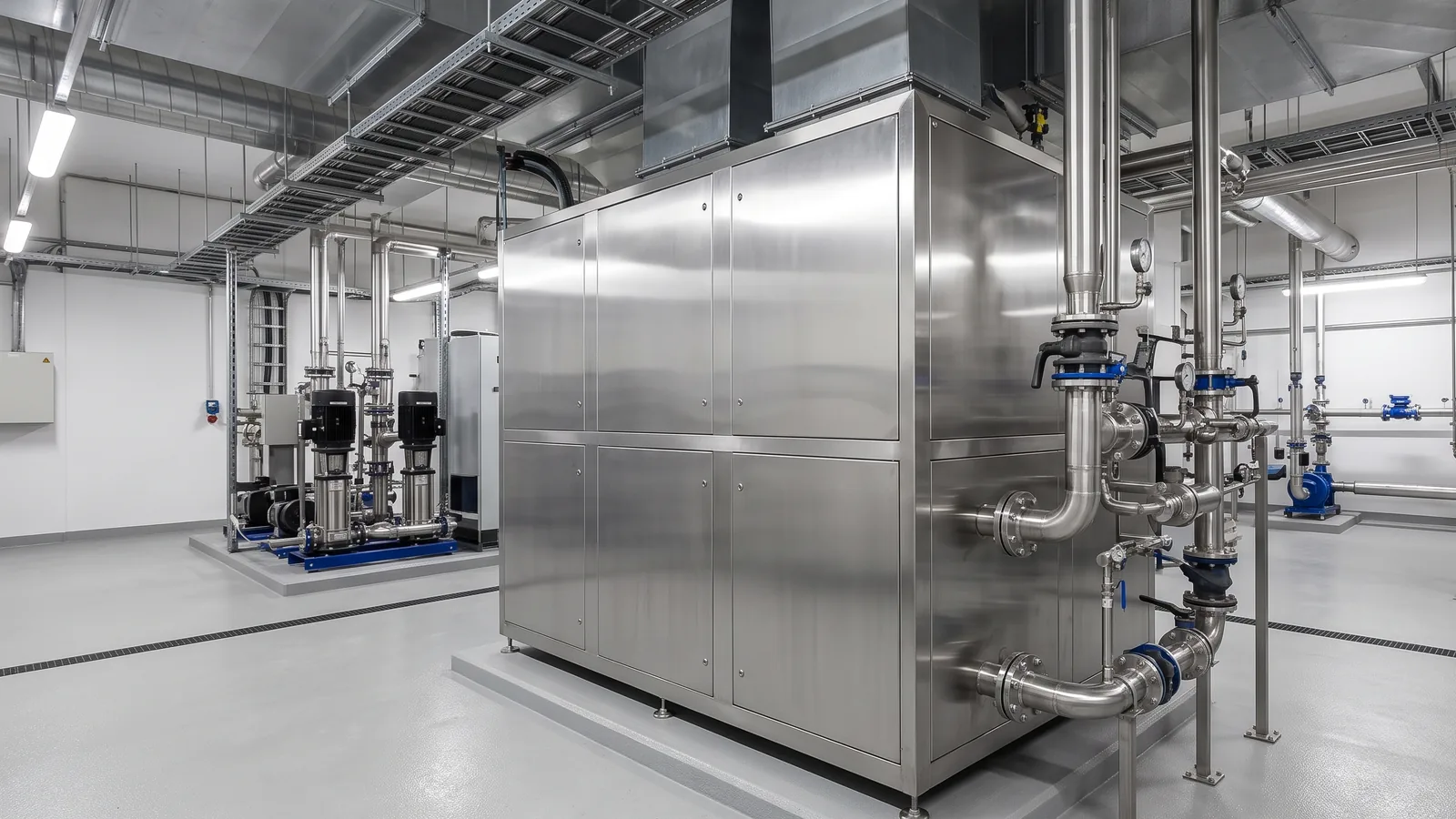Large stainless steel industrial humidifier unit with pipework in a commercial plant room