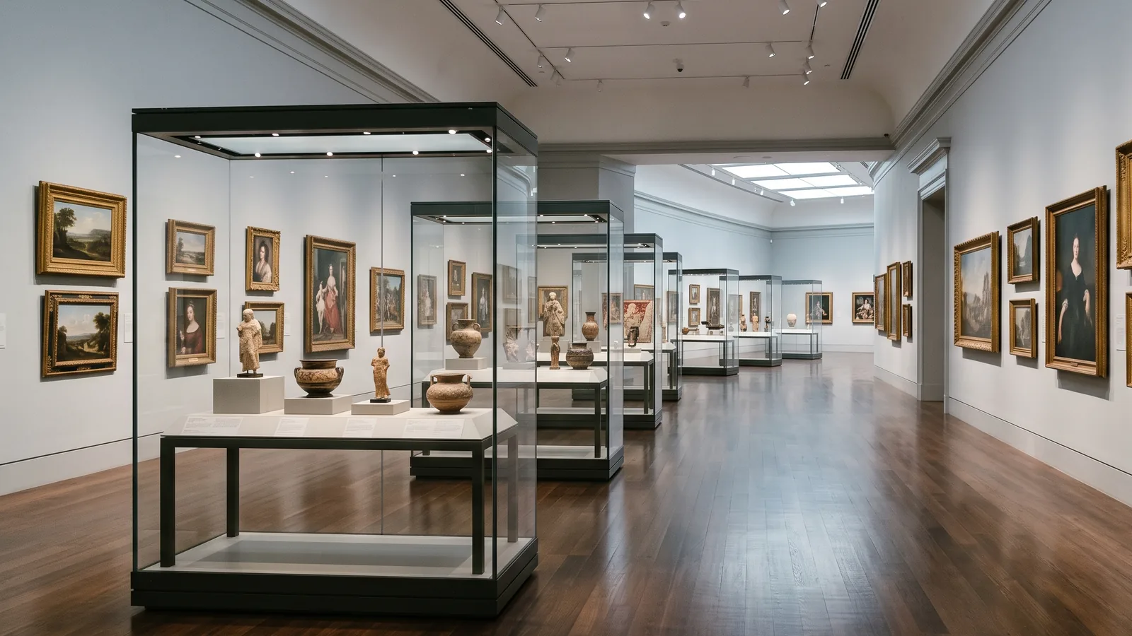 Museum gallery with framed artworks and glass display cases in a climate-controlled environment