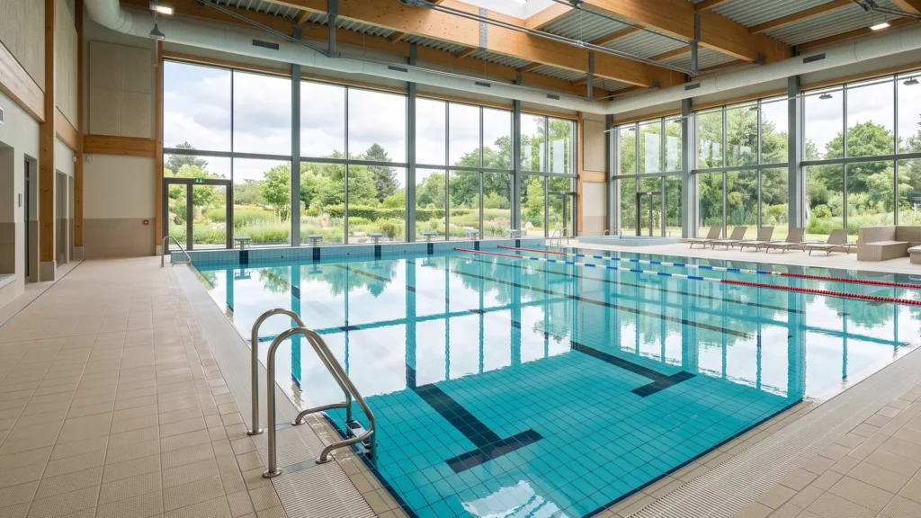 Indoor commercial swimming pool facility with clear air and large windows