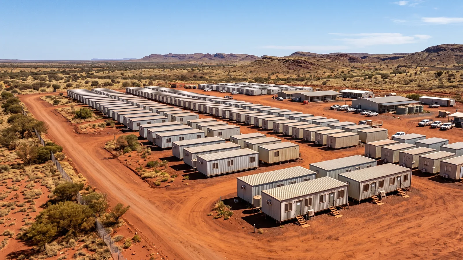 Remote worker accommodation village of modular units on red earth