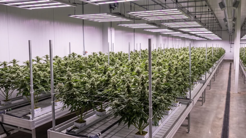 Commercial medical cannabis cultivation facility with rows of plants under LED lighting