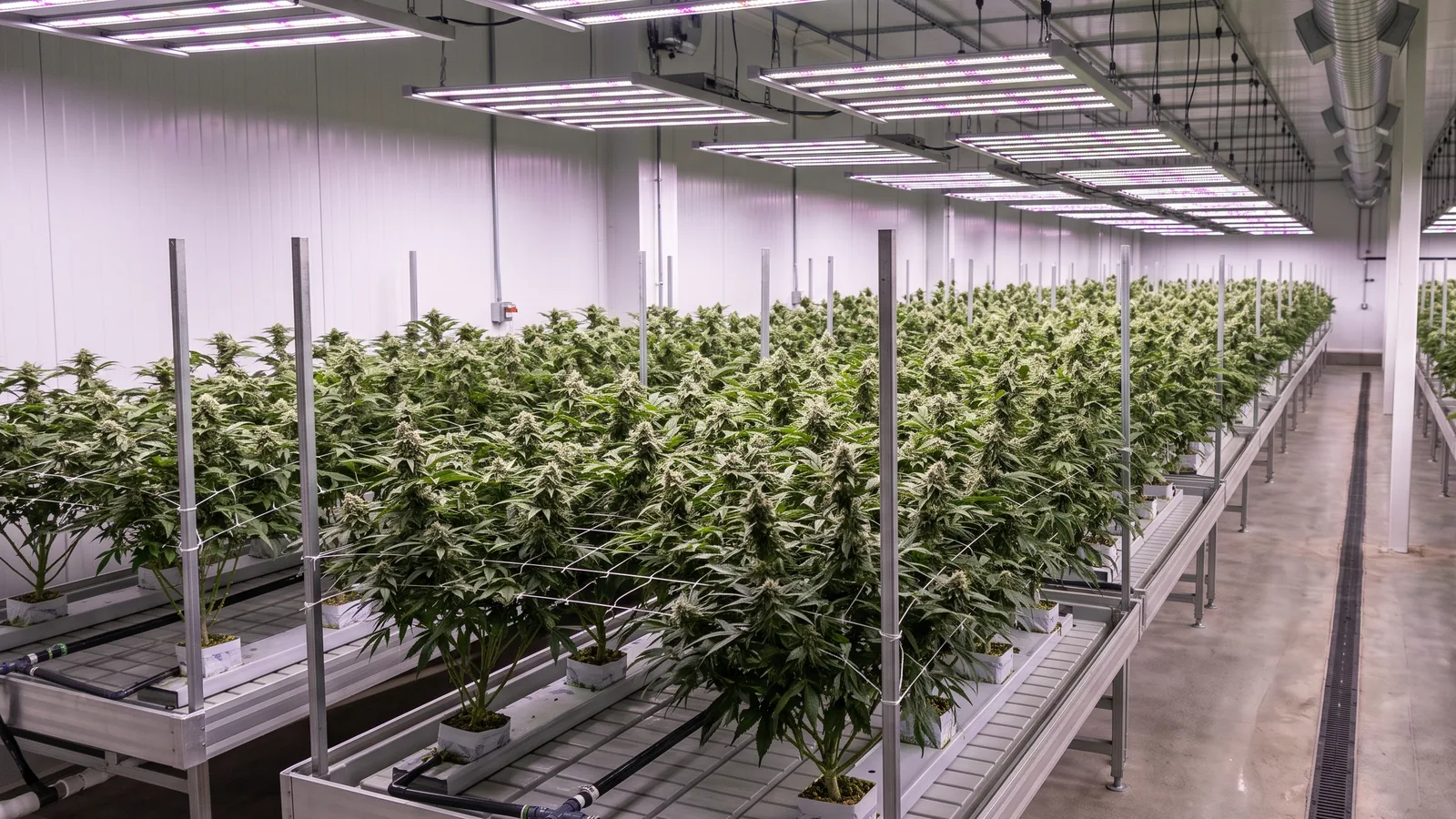 Commercial medical cannabis cultivation facility with rows of plants under LED lighting