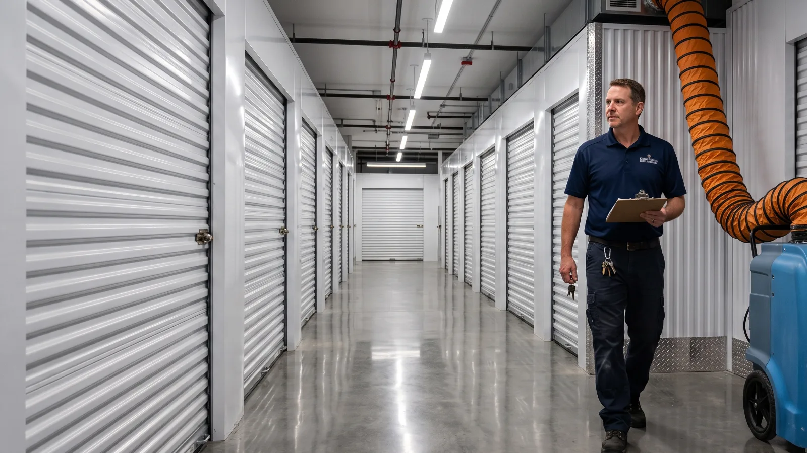 Industrial dehumidifier running in the corridor of a self storage facility