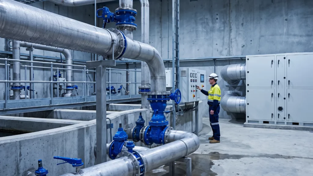 Industrial dehumidifier and stainless steel pipework inside a water treatment plant