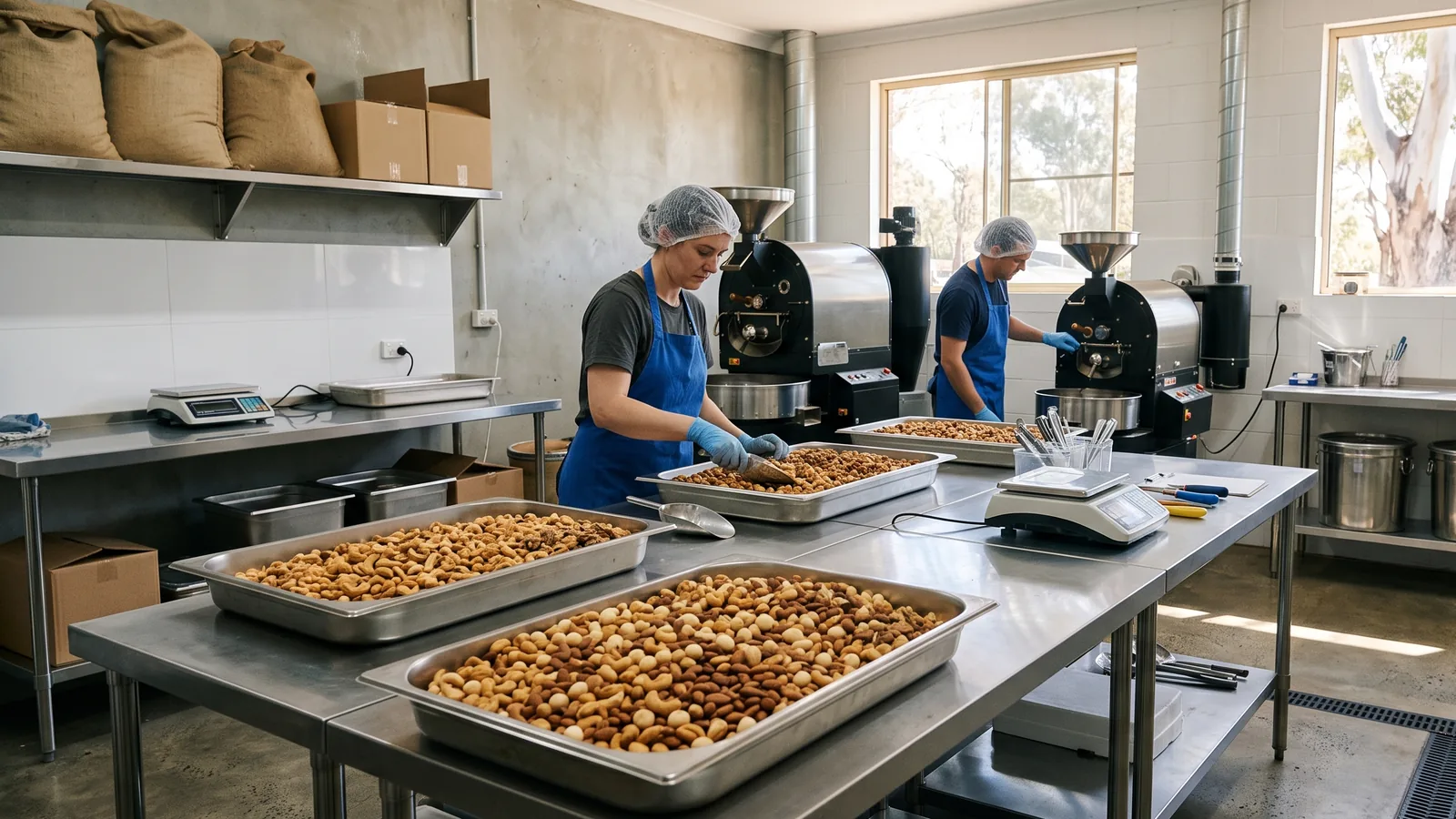 Specialty food production room with stainless steel benches and trays of nuts