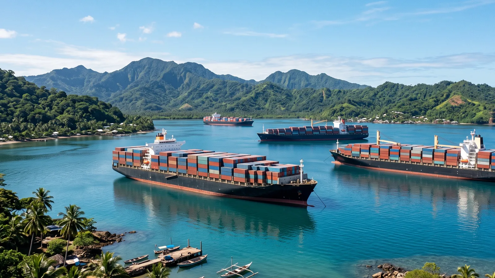 Container ships at anchor in a calm tropical harbour